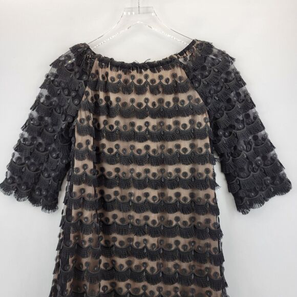 Trina Turk Mini Dress Size 2 Black Fringed Embroidered Lace Off Shoulder - Picture 6 of 11